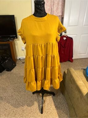 Women's Tiered Ruffle Casual Dress - Mustard Yellow